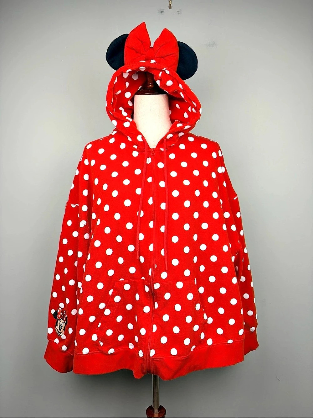 Disney Minnie Mouse Womens 2X Red Polka Dot Cropped Full Zip Hoodie Ears Bow